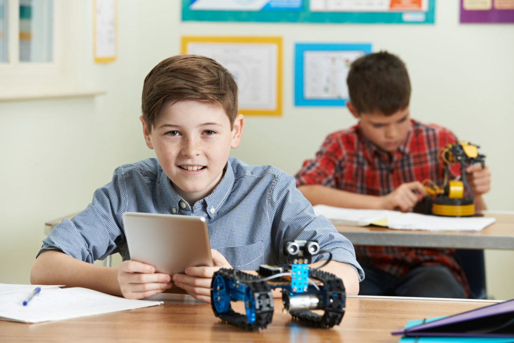 Kid moving robot with tablet technology